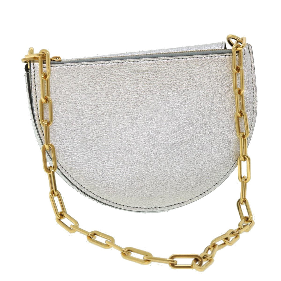 Luxury Burberry Olympia Chain Shoulder Bag Leather Silver Auth 54029