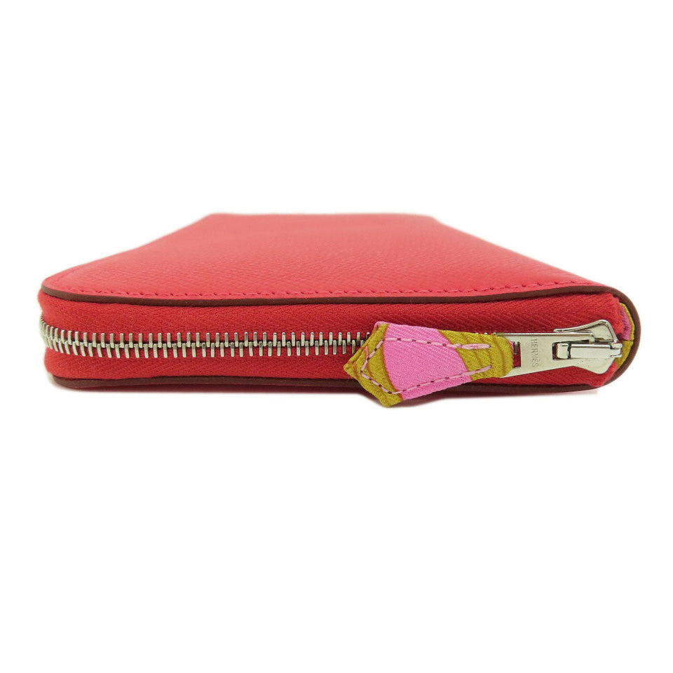 Hermes Azap Silk Red Silver Metal Fittings Long Wallet Coin Purse