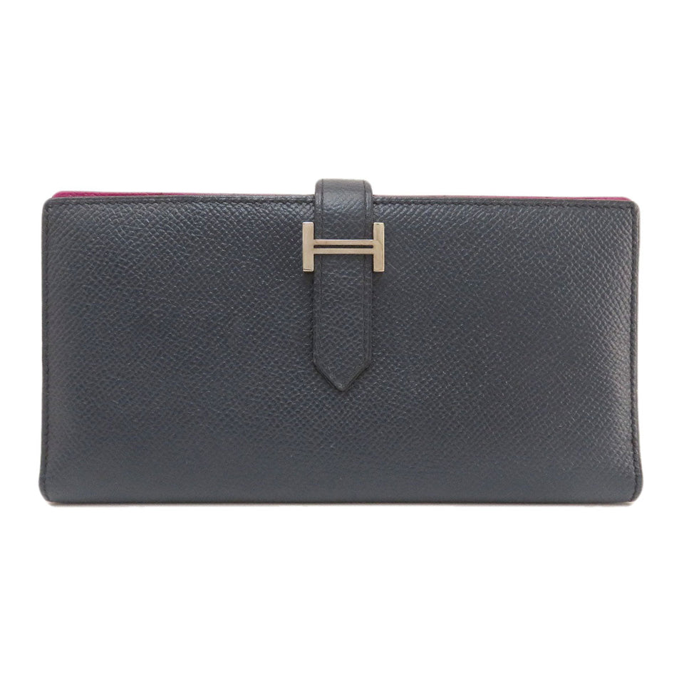 Hermes Bearn Souffle Bleu Nuit Rose Purple Silver Metal Fittings Long Wallet