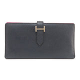Hermes Bearn Souffle Bleu Nuit Rose Purple Silver Metal Fittings Long Wallet