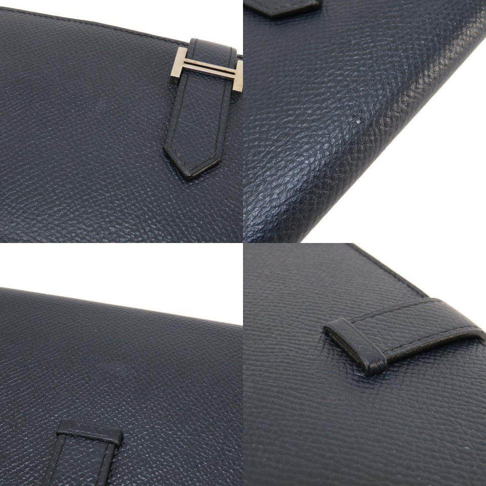 Hermes Bearn Souffle Bleu Nuit Rose Purple Silver Metal Fittings Long Wallet