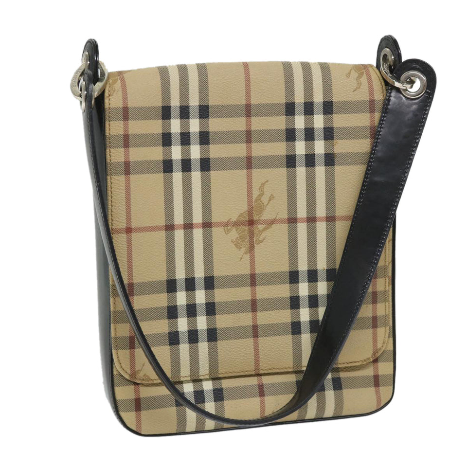 Luxury BurberrySs Nova Check Shoulder Bag PVC Leather Beige Black Auth 56484