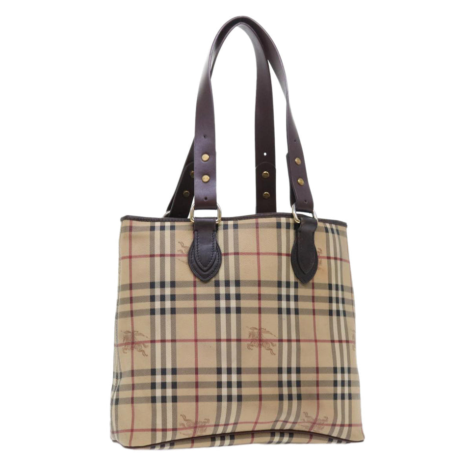 Luxury Burberry Nova Check Tote Bag PVC Leather Beige Auth 56575