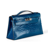 Hermes Blue Izmir Porosus Croc Kelly Pochette w/ Palladium Hardware