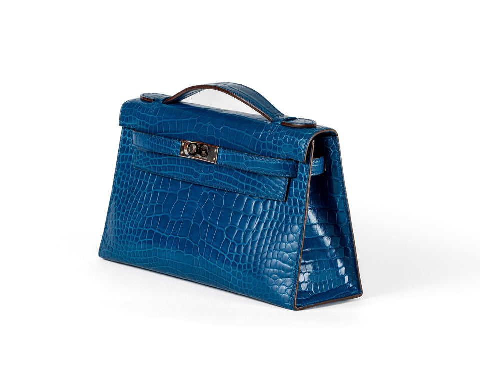 Hermes Blue Izmir Porosus Croc Kelly Pochette w/ Palladium Hardware