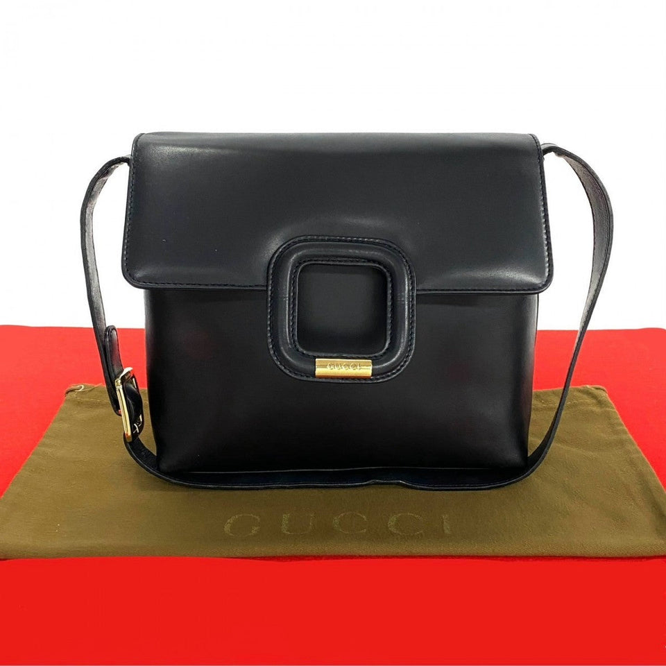 Gucci Shoulder Bag leather Navy logo Metal Women