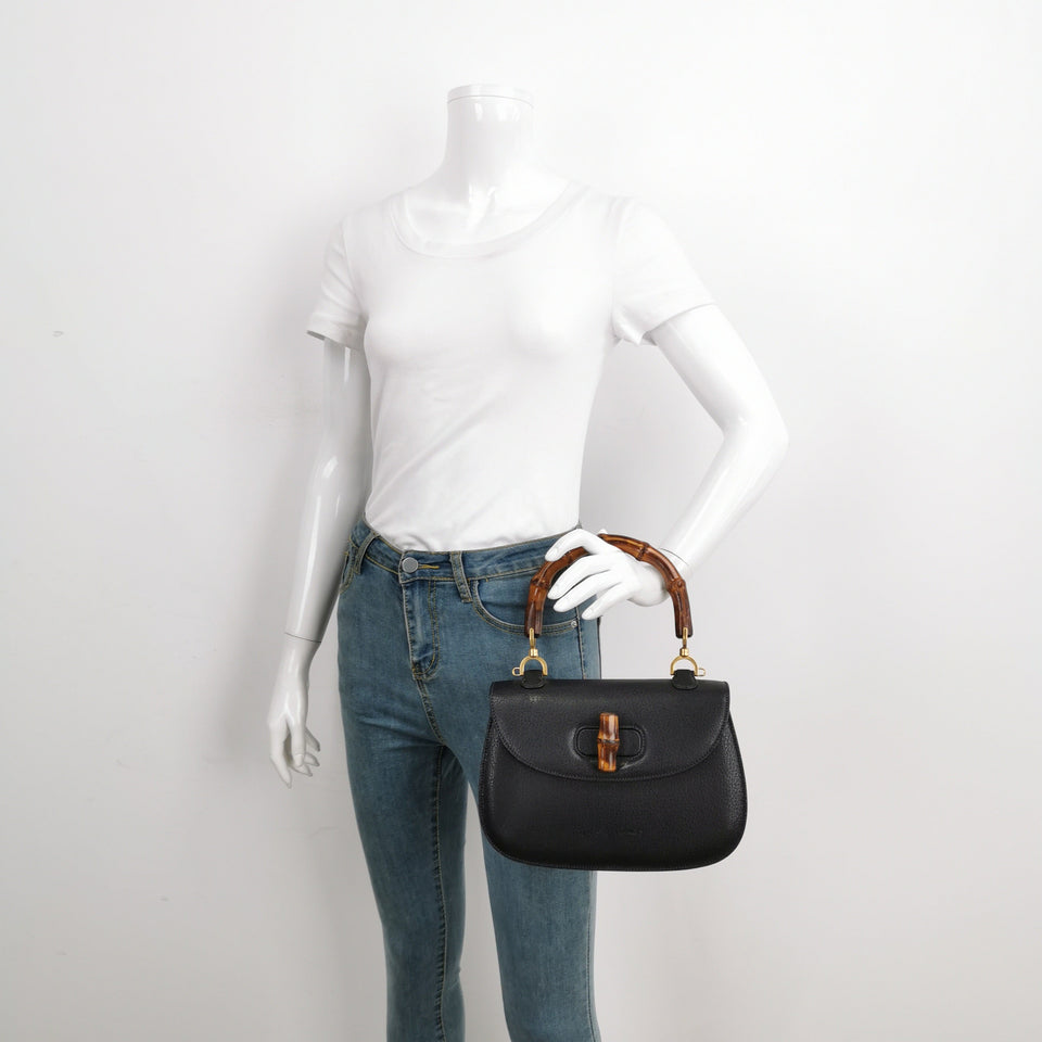 Gucci Bamboo 1947 Small Black Grained Leather Top Handle Bag