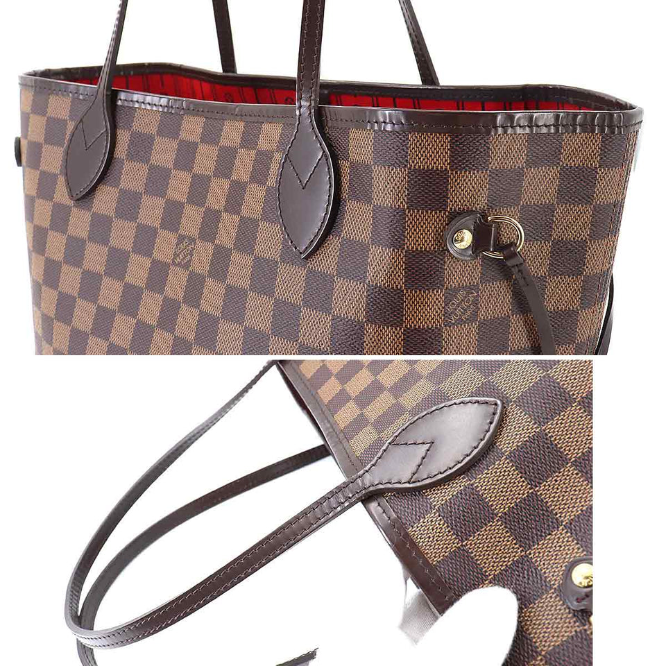 Louis Vuitton Damier Neverfull MM Tote Bag Ebene Brown Red Gold Metal Fittings