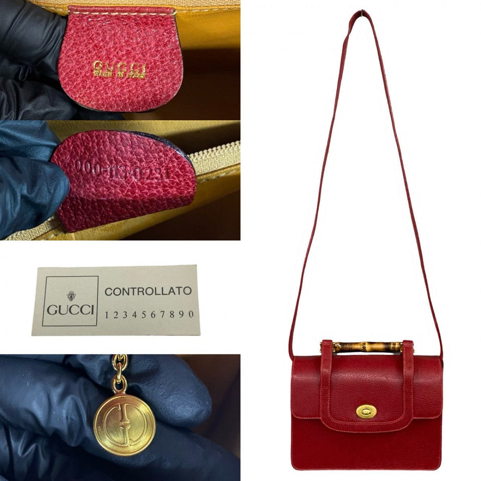 Gucci Shoulder Bag leather Red Bamboo Old Gucci Women