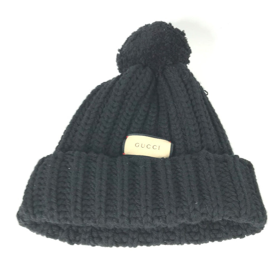 Gucci Knit hat 652656 polyester black With pompoms logo Women 58
