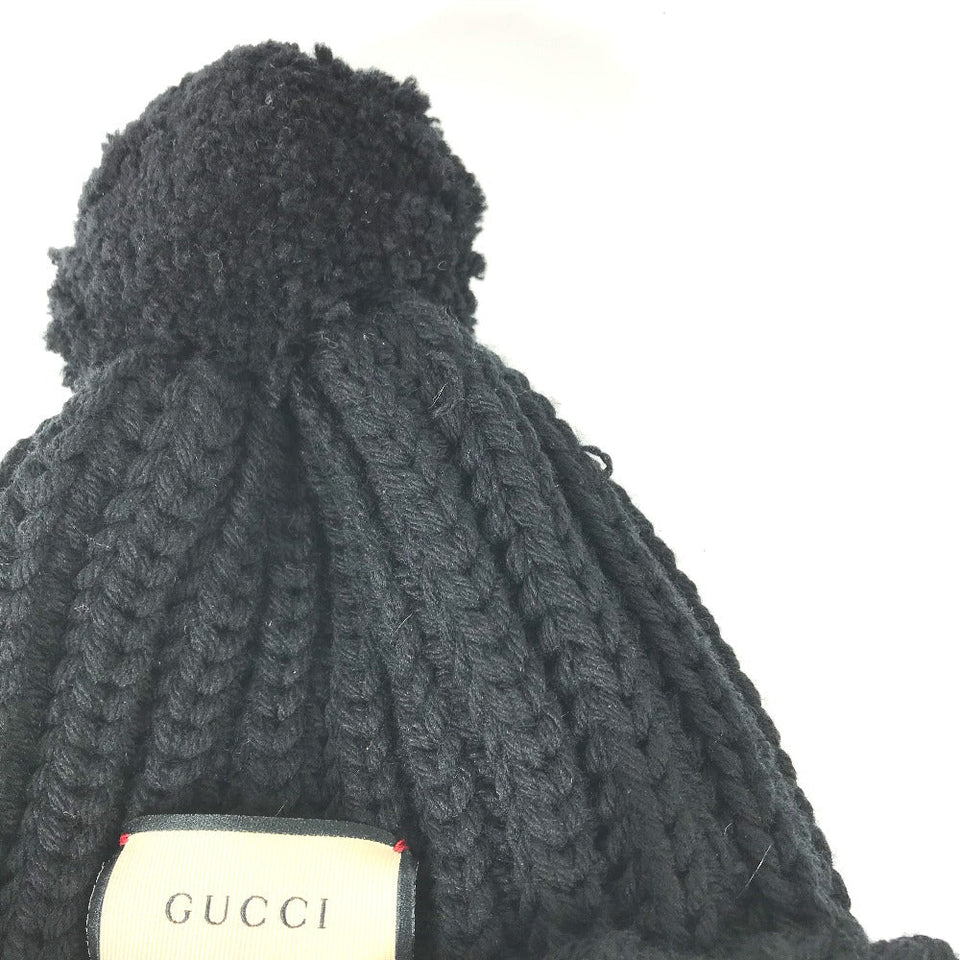 Gucci Knit hat 652656 polyester black With pompoms logo Women 58