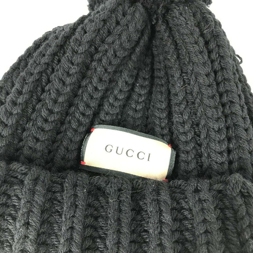 Gucci Knit hat 652656 polyester black With pompoms logo Women 58