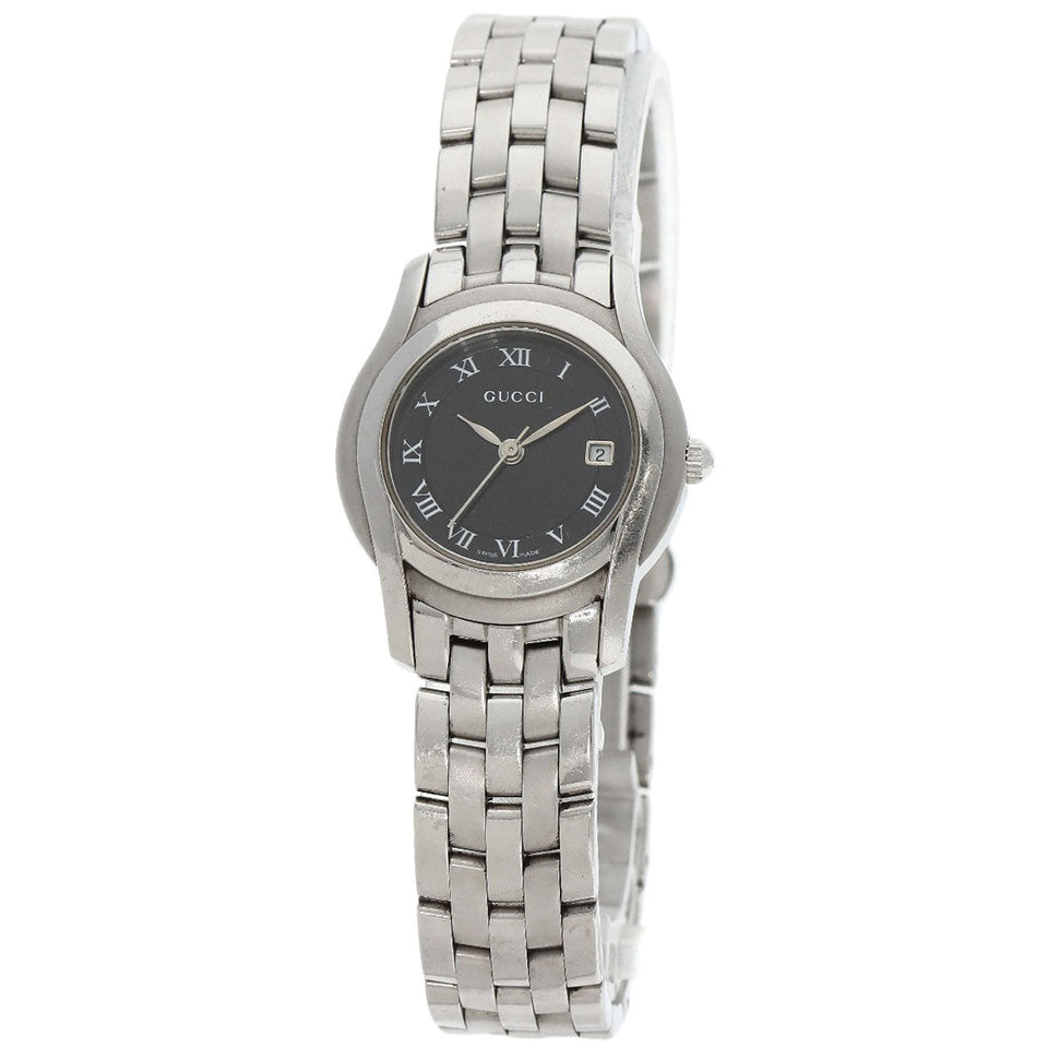 Gucci Watches Quartz 5500L Stainless Steel , Stainless Steel Silver Round face black dial Women