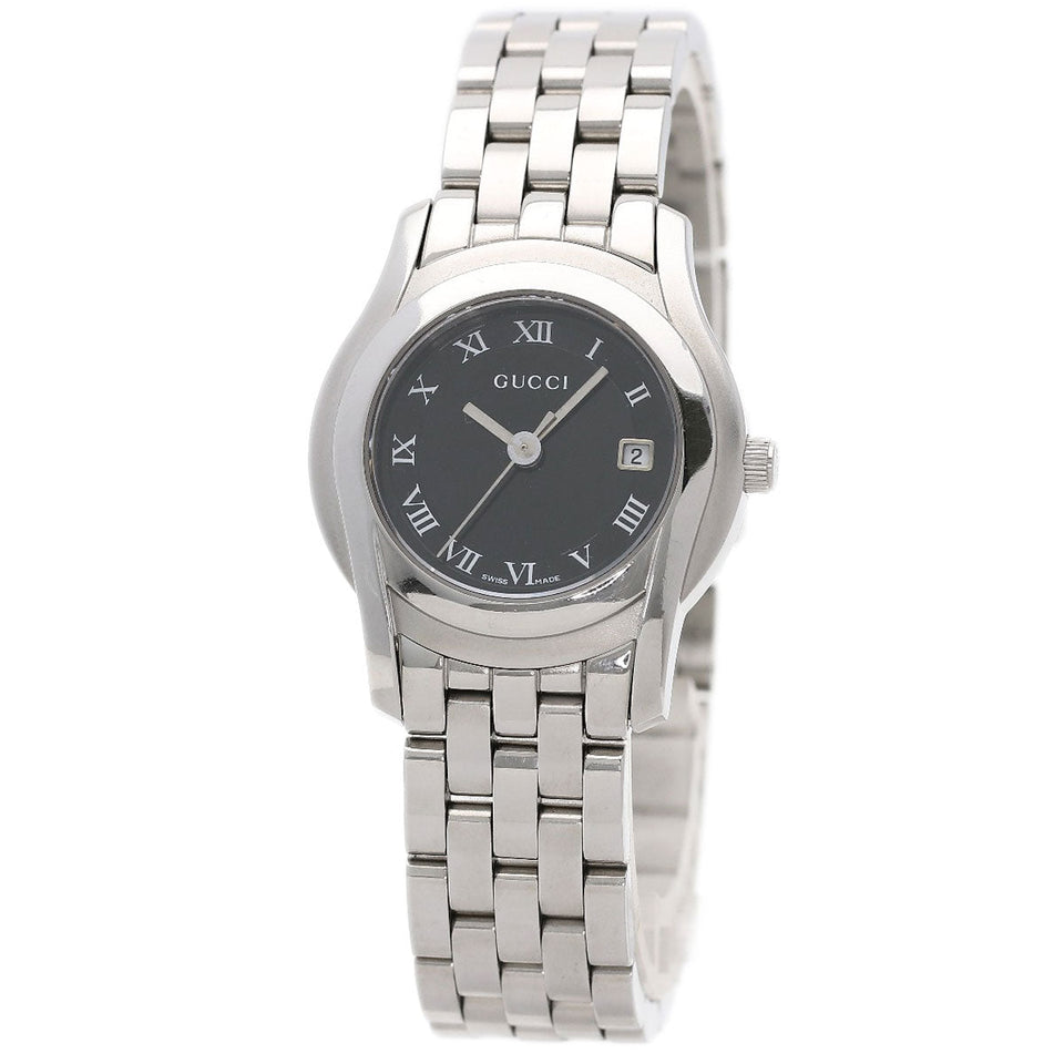 Gucci Watches Quartz 5500L Stainless Steel , Stainless Steel Silver Round face black dial Women