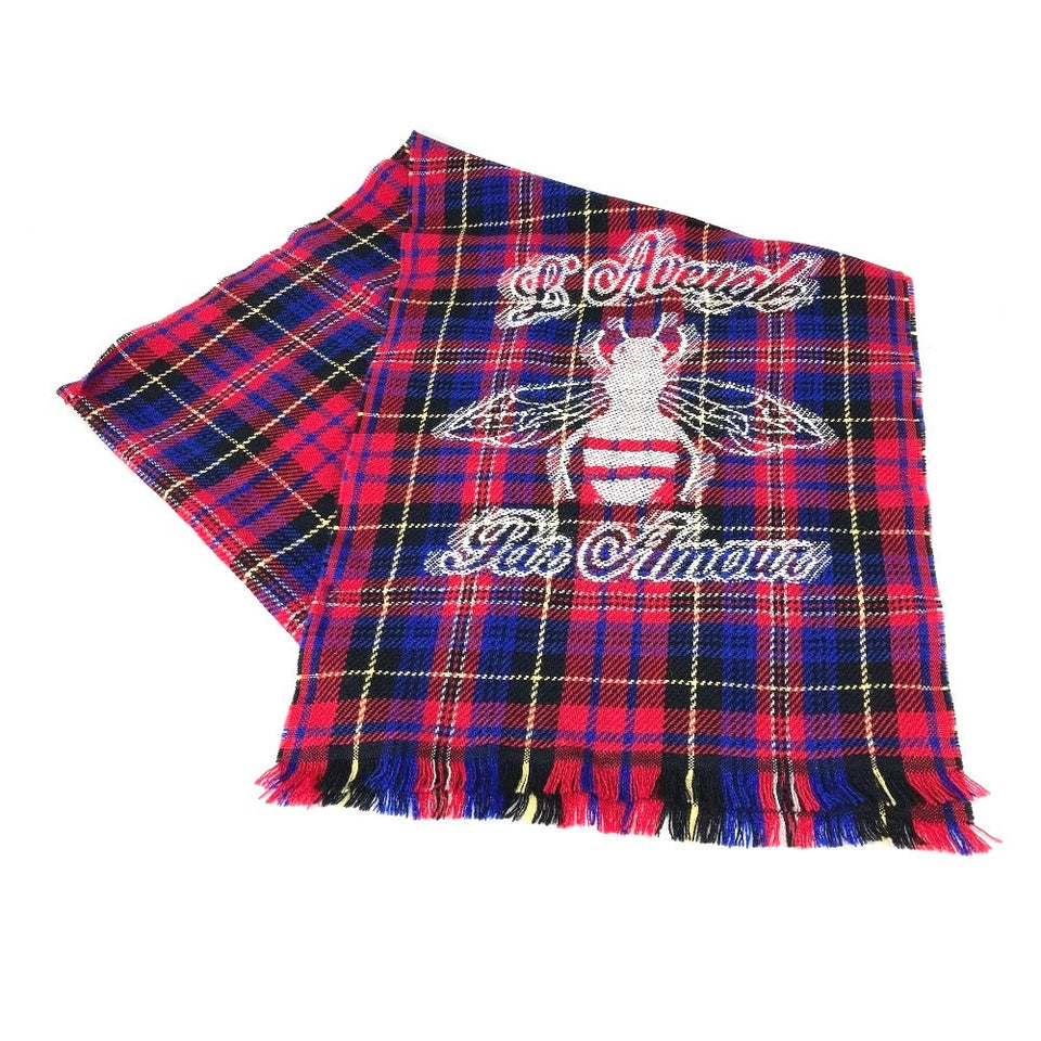 Gucci Scarf wool Red Check BEE Bee Women