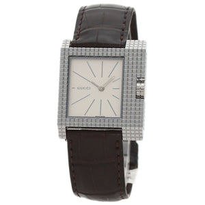 Gucci Watches Quartz 7100M Stainless Steel, Leather Silver Square face Silver dial mens