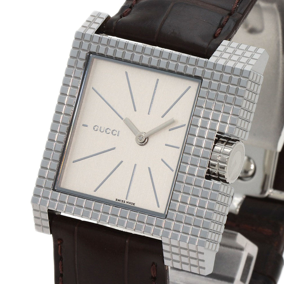 Gucci Watches Quartz 7100M Stainless Steel, Leather Silver Square face Silver dial mens