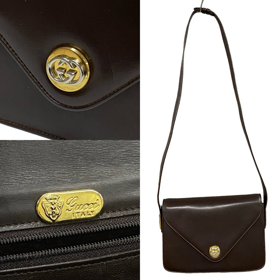 Gucci Shoulder Bag leather Brown GG logo Metal Women