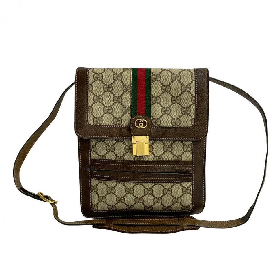 Gucci Shoulder Bag Leather, PVC Brown GG logo Metal Sherry line Women