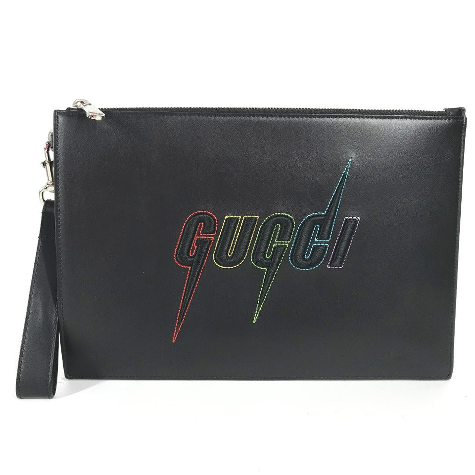 Gucci Clutch bag 597678 leather black bag pouch Braid embroidery logo unisex(Unisex)