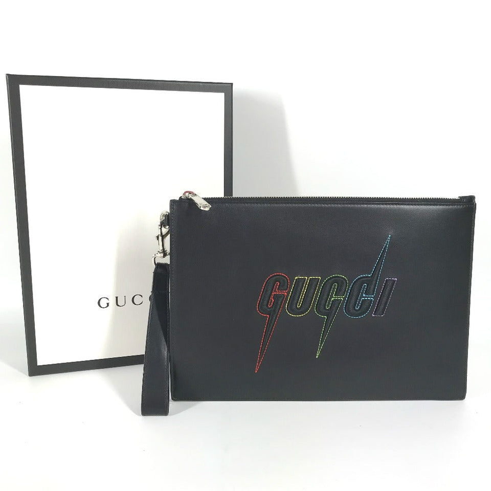 Gucci Clutch bag 597678 leather black bag pouch Braid embroidery logo unisex(Unisex)