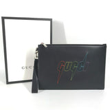 Gucci Clutch bag 597678 leather black bag pouch Braid embroidery logo unisex(Unisex)