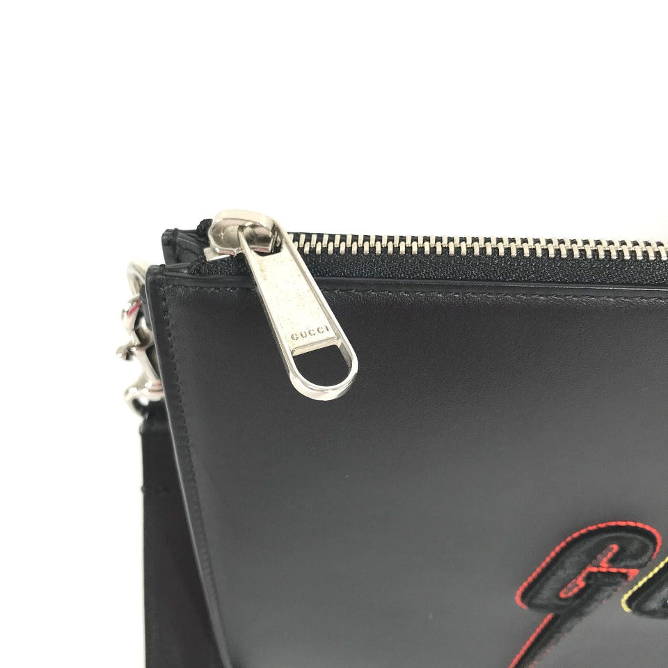 Gucci Clutch bag 597678 leather black bag pouch Braid embroidery logo unisex(Unisex)