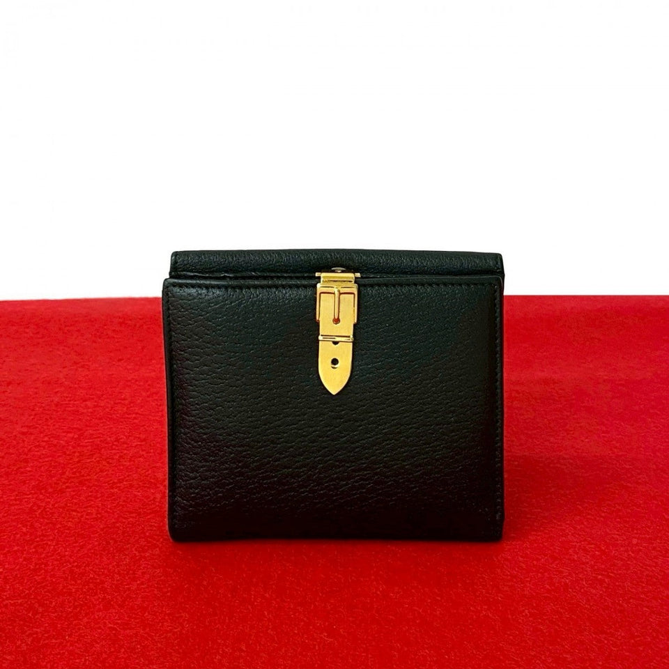 Gucci Bifold Wallet leather black Belt motif Metal Women(Unisex)