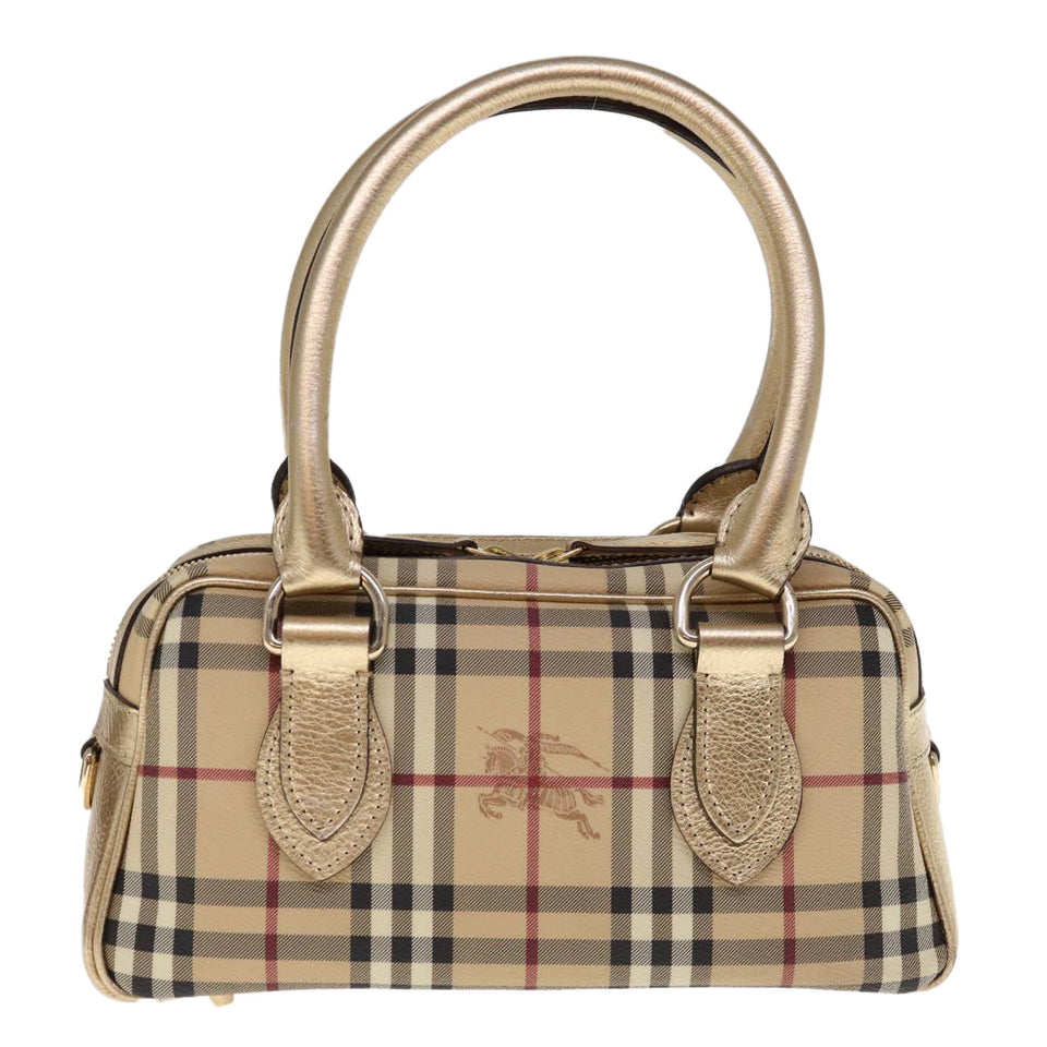 Luxury Burberry Nova Check Hand Bag PVC Leather Beige Auth 64593