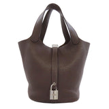 Hermes Handbag Taurillon Clemence Brown Picotin Lock PM SilverMetal
