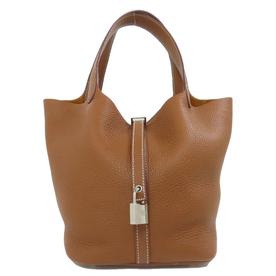 Hermes Handbag Taurillon Clemence Brown Picotin Lock MM Gold SilverMetal