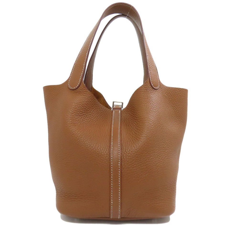Hermes Handbag Taurillon Clemence Brown Picotin Lock MM Gold SilverMetal