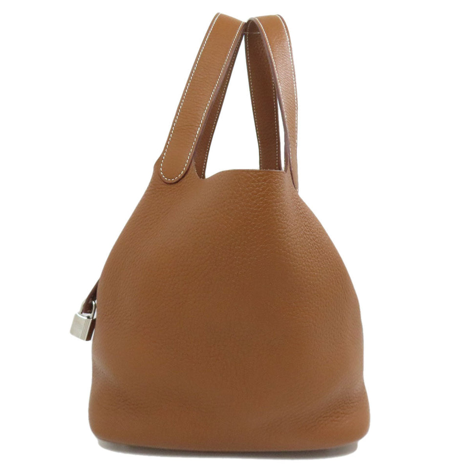 Hermes Handbag Taurillon Clemence Brown Picotin Lock MM Gold SilverMetal