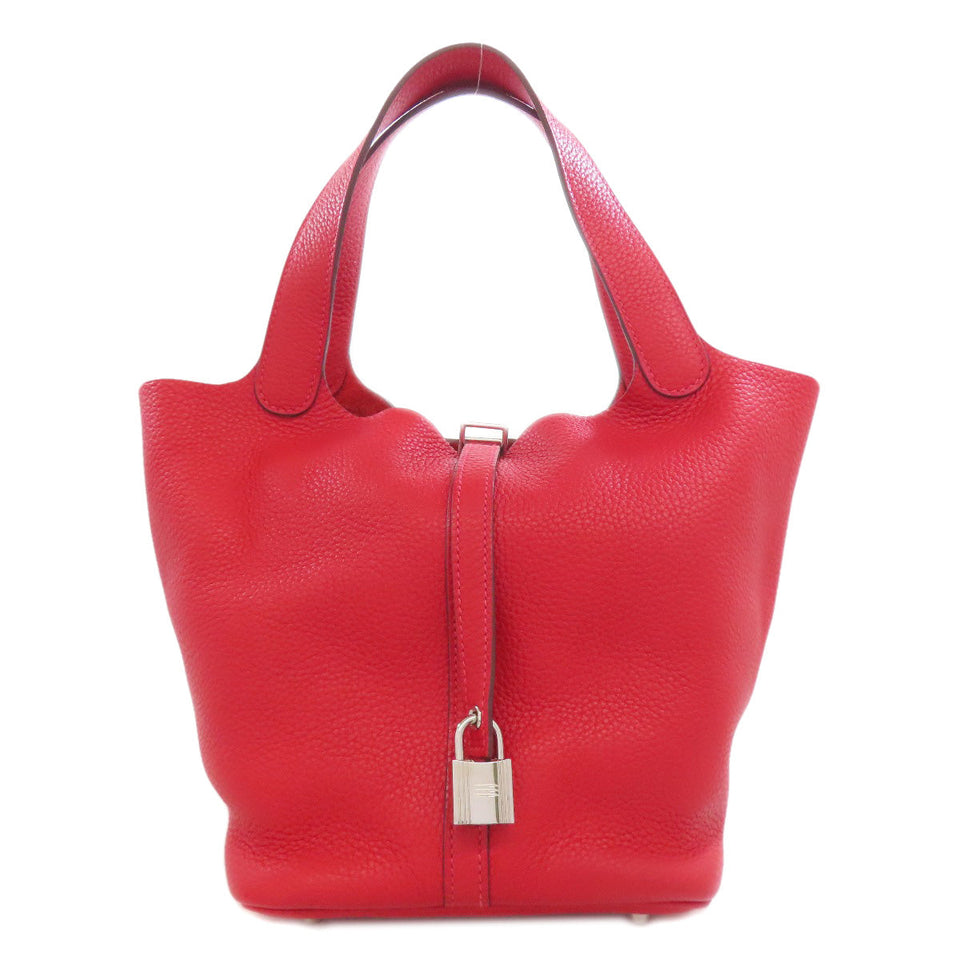 Hermes Handbag Taurillon Clemence Red Picotin Lock MM Rouge Kazak Silver Metal Women