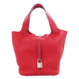 Hermes Handbag Taurillon Clemence Red Picotin Lock MM Rouge Kazak Silver Metal Women