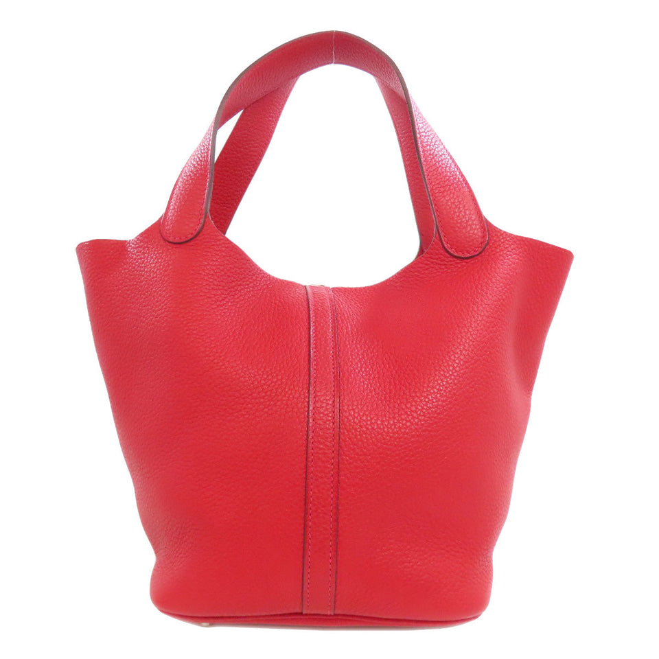 Hermes Handbag Taurillon Clemence Red Picotin Lock MM Rouge Kazak Silver Metal Women