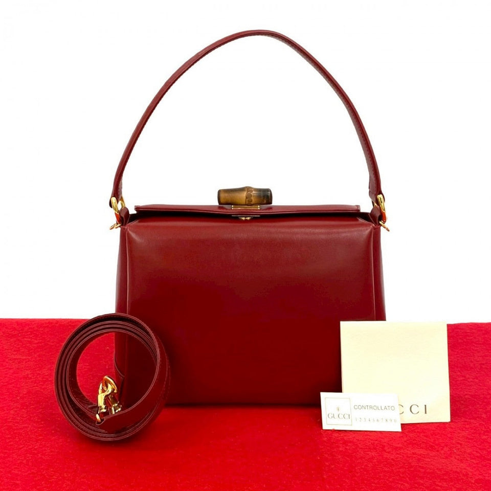 Gucci Handbag Calfskin Red Bamboo