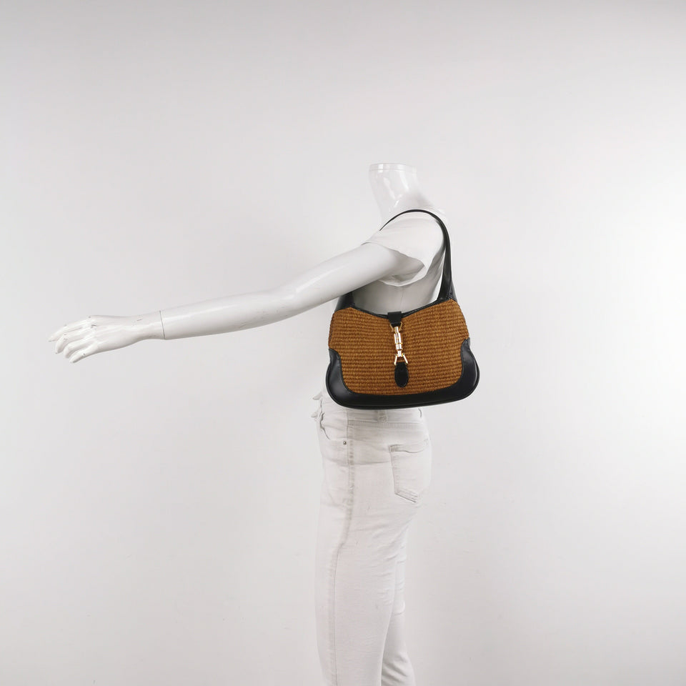 Gucci Jackie 1961 Beige Camel Wicker Bag Black Leather Gold Hardware Leather Strap