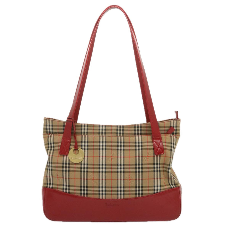 Luxury BurberrySs Nova Check Tote Bag Canvas Beige Red Auth 68740