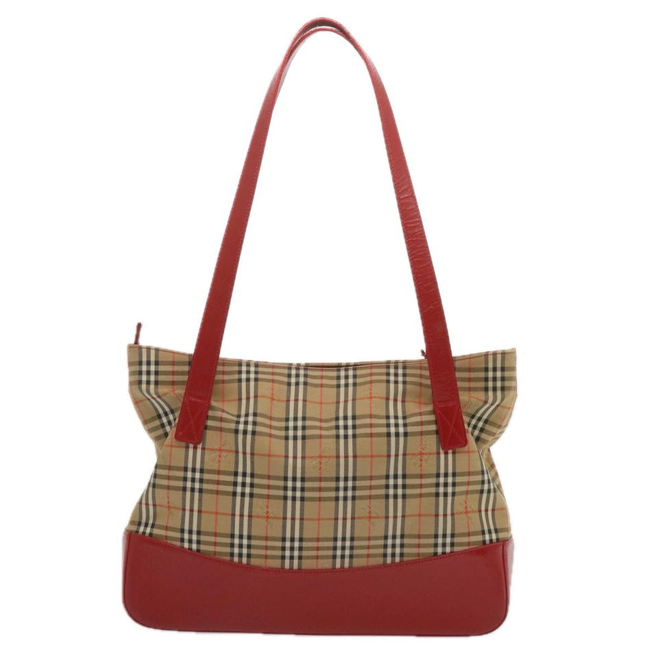 Luxury BurberrySs Nova Check Tote Bag Canvas Beige Red Auth 68740