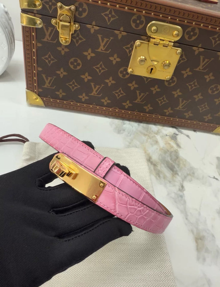 Hermes Kelly Belt Pink Crocodile leather Gold Hardware