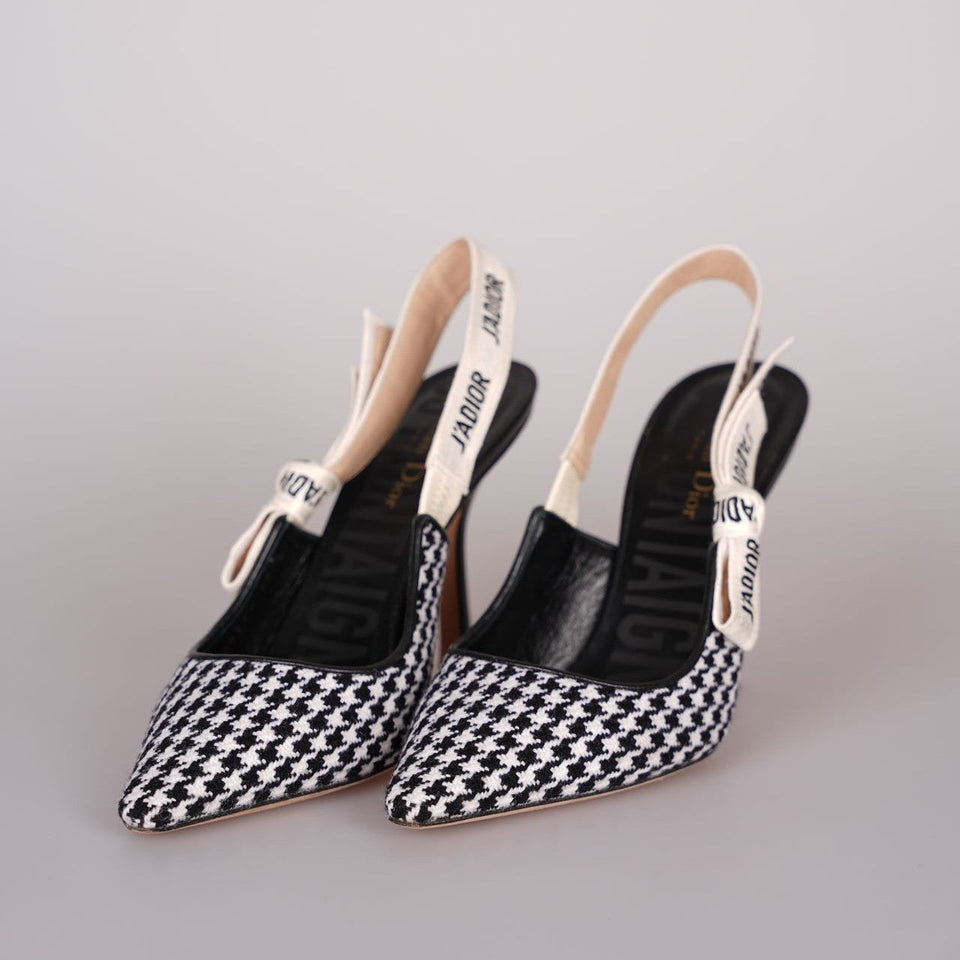 Christian Dior Wool Ribbon Houndstooth J'ADior Slingback 8cm Pumps 38D Black White