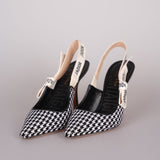 Christian Dior Wool Ribbon Houndstooth J'ADior Slingback 8cm Pumps 38D Black White