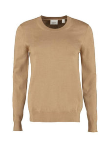 Luxury Burberry Check Patch Crew Neck Wool Knit Top Beige