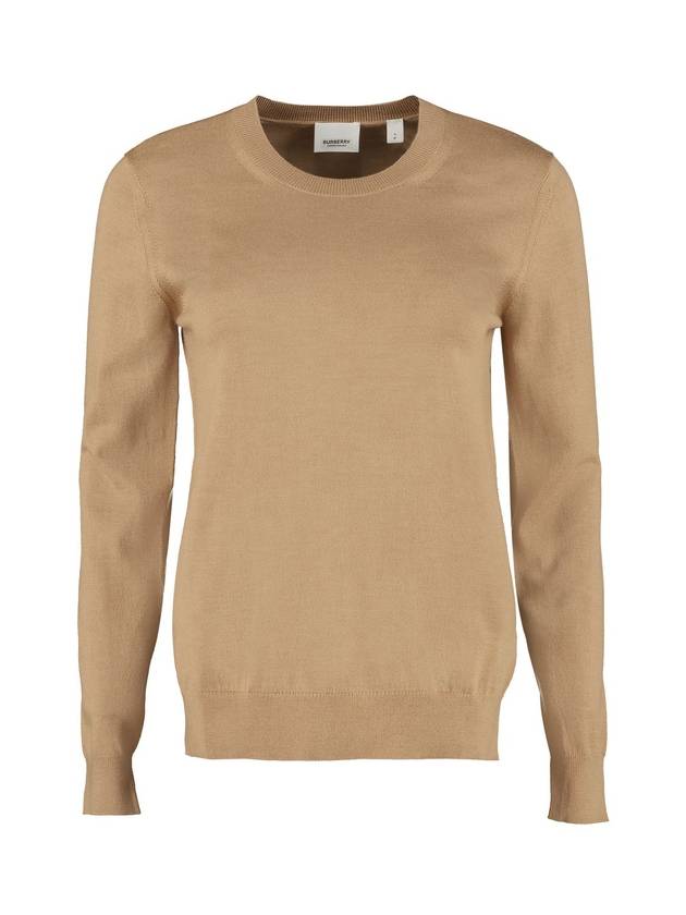 Luxury Burberry Check Patch Crew Neck Wool Knit Top Beige