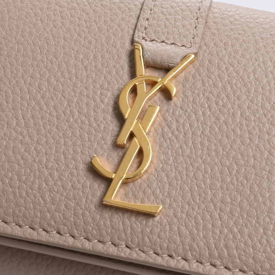 Saint Laurent- Leather  Tiny Wallet Tri-fold Compact Wallet Beige