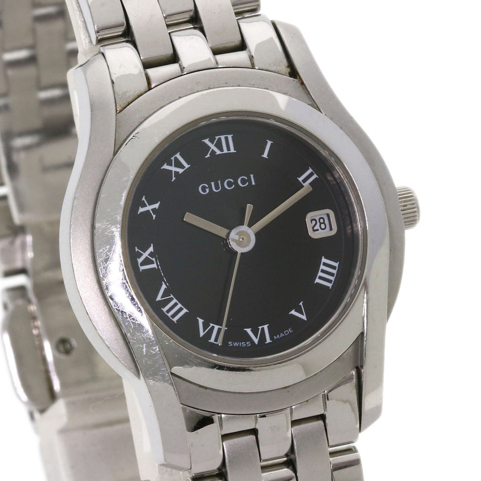 Gucci Watches Quartz 5500L Stainless Steel , Stainless Steel Silver Round face black dial Women