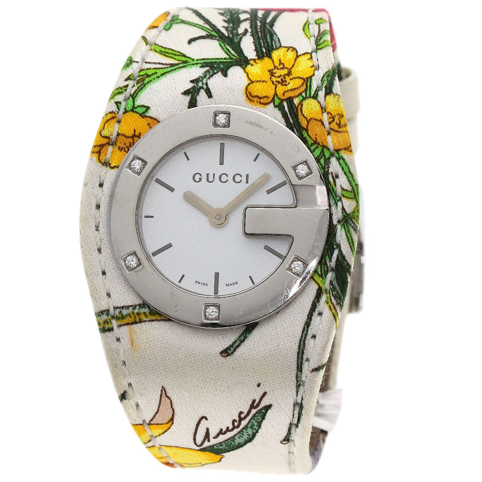 Gucci Watches Quartz YA104 Stainless Steel, Satin x Leather Silver Bandeau Flora Silver dial Women