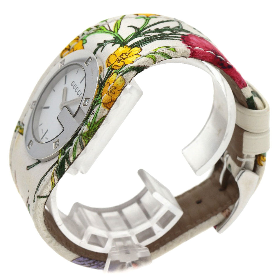 Gucci Watches Quartz YA104 Stainless Steel, Satin x Leather Silver Bandeau Flora Silver dial Women
