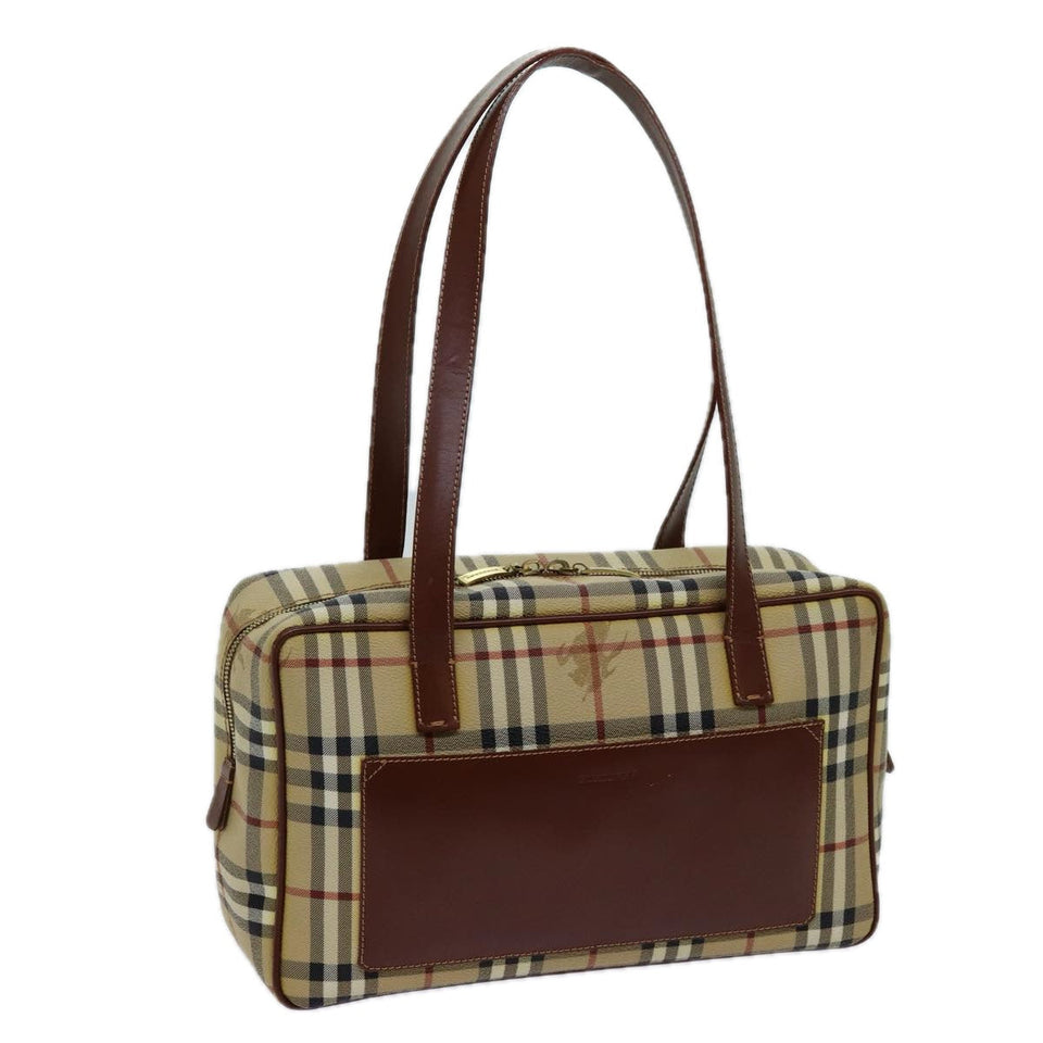Luxury Burberry Nova Check Shoulder Bag PVC Leather Beige Auth 70347